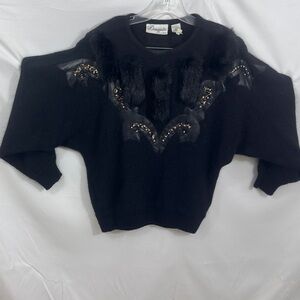 Chic Black Sweater with Fur and Bead Details